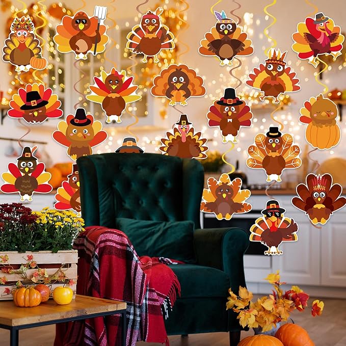 40Pcs Thanksgiving Turkey Hanging Swirl Decorations, Cute Turkey Ceiling Hanging Swirls Streamers for Thanksgiving Party Decor