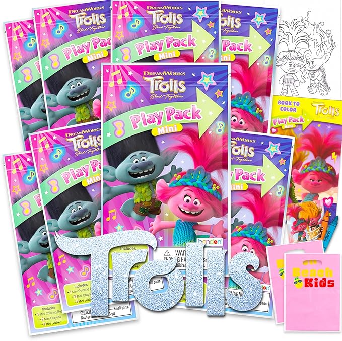DreamWorks 8 Pc Trolls Mini Party Favors Set - Bundle 8 Play Packs with Mini Coloring Books, Stickers, and Goodie Bags | Trolls Birthday Party Supplies Decorations