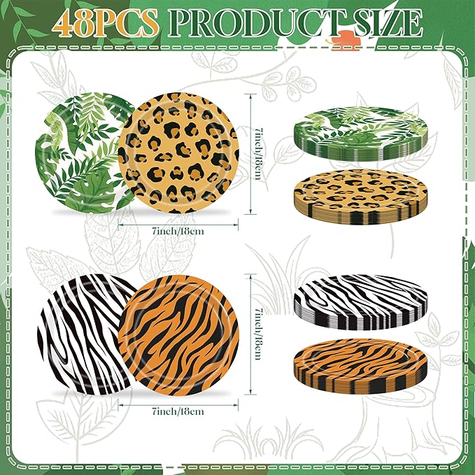 48PCS Jungle Safari Paper Plates, 7 Inch Zoo Animal Plates Wild Animal Party Decorations Disposable Tableware Set for Baby Shower Birthday Safari Themed Party Supplies