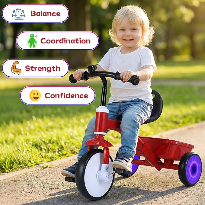BABY JOY Toddler Tricycle, Kids Trike with Glowing Rear Wheels, Adjustable Seat, Detachable Pedals & Storage Box for Boys and Girls Indoor Outdoor Riding, Baby Balance Bike for 3-5 Years Old (Red)