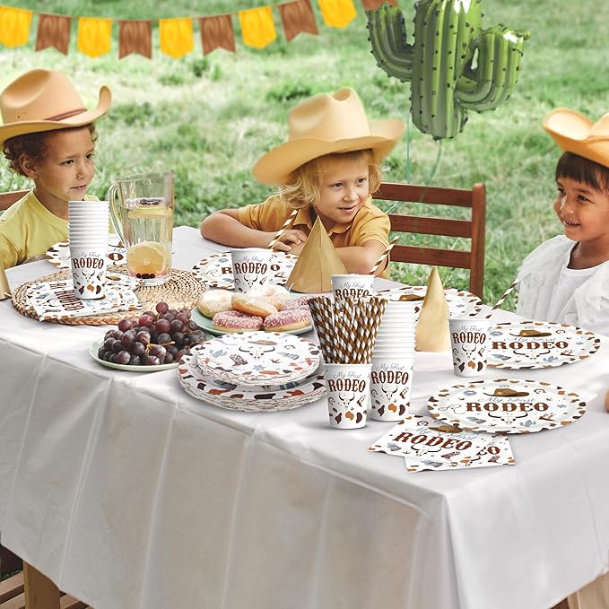 My First Rodeo Birthday Party Decorations, 120Pcs Cowboy 1st Rodeo Themed Party Supplies Disposable and Western Tableware Includes Paper Plates, Napkins, Cups and Straws | Serves 24