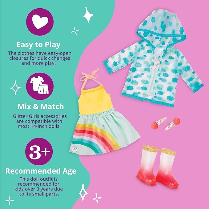 Glitter Girls – 14-Inch Doll Clothes – Smile! Rain Or Shine Outfit – Rainbow Dress, Hair Clips, Raincoat, and Rain Boots – Toys, and Accessories for 3+ Years