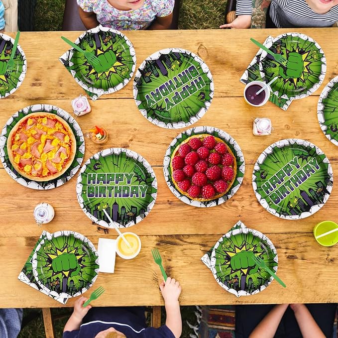 96Pcs Green Hero Birthday Party Supplies Super Green Hero Birthday Plates and Napkins Cityscape Super Bang Cartoon Movie Themed Tableware Set for Kids Boys Party Supplies，Serves 24