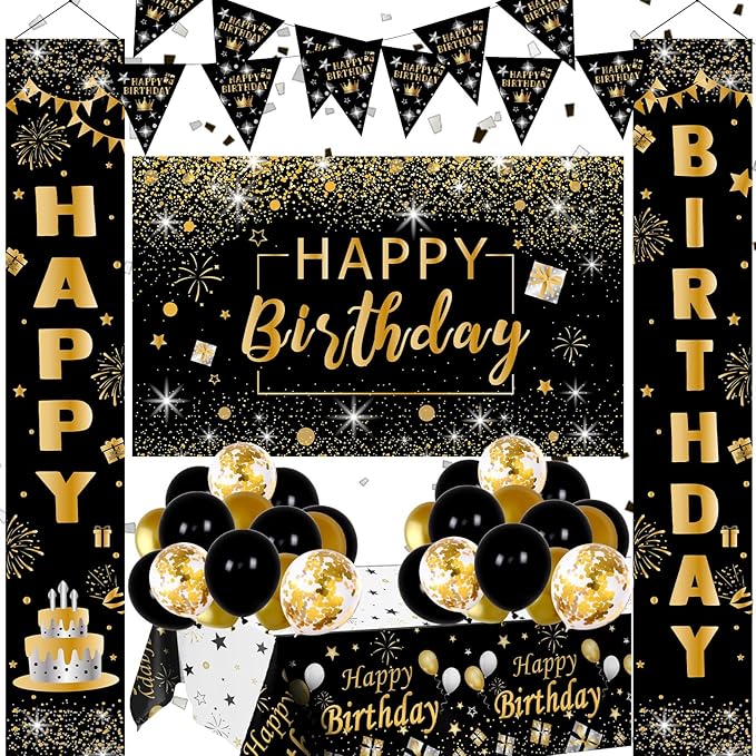 Black and Gold Birthday Decorations for Men Women, 37pcs Black and Gold Party Decorations with Backdrop, Tablecloth, Confetti Balloons, Banner, Balloon Arch Kit for Birthday Party