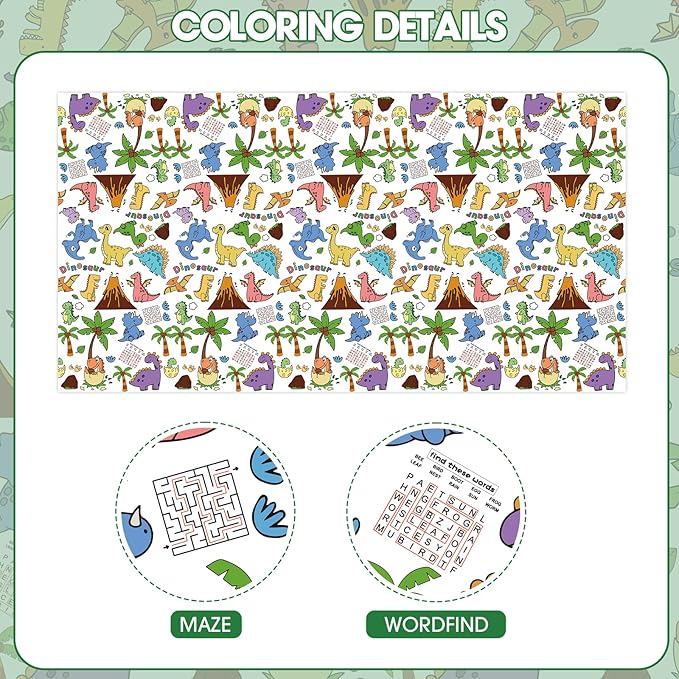 Dinosaur Coloring Tablecloth for Kids - Giant Dino Paper Activity Table Cover, Jumbo Animal Dino World Coloring Games Poster Crafts for Dinosaur Birthday Decorations Party Favors, 54x108 Inch