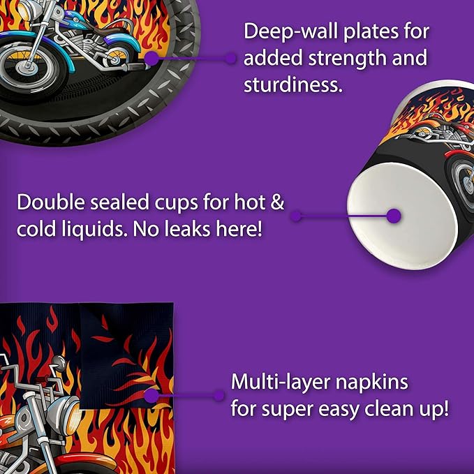 Motorcycle Biker Birthday Party Supplies Set Plates Napkins Cups Tableware Kit for 16