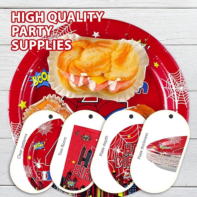 Grencian 96Pcs Spider 4th Birthday Party Supplies Red Blue Spider 4th Birthday Plates Disposable Cartoon Super Theme Hero Paper Tableware Set for Boys Kids Spider 4 Year Old Party Decorations Serve 24