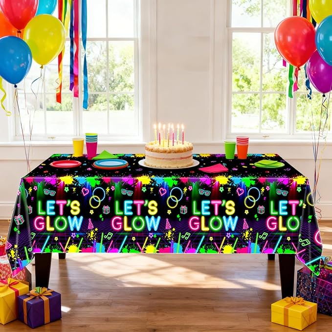 Oigco 3 Pcs Neon Tablecloth, Neon Party Decorations Let's Glow Table Cover for Birthday Glow in The Dark Party Supplies, 54 x 108 Inch