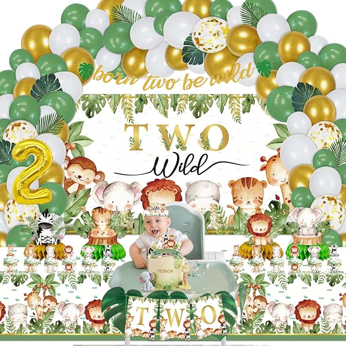 Mpanwen Two Safari Wild Birthday Decorations for 2 Years Old Boys, 158 Pcs Jungle Safari 2nd Party supplies for Baby - Backdrop, Tablecloth, Palm Leaves, Jungle Centerpieces, Banner, Crown and Poster