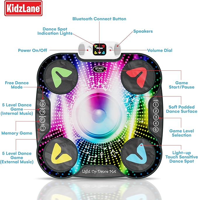 Kidzlane Light Up DJ Dance Mat for Kids - Bluetooth & AUX Compatible - 3 Fun Arcade Games - Adjustable Volume - Detachable Top Mats with Discoball & Speaker Motives - Durable Plastic - Multi-Color