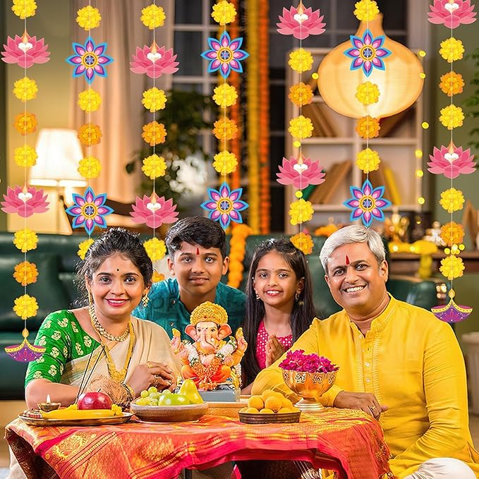 MARFOREVER 41 Ft Diwali Decorations Hanging Banner, Happy Diwali Hanging Streamers Diya Light Marigold Garland Indian Festival Decoration for Pooja Deepavali Home Doorway Curtain Party Supplies