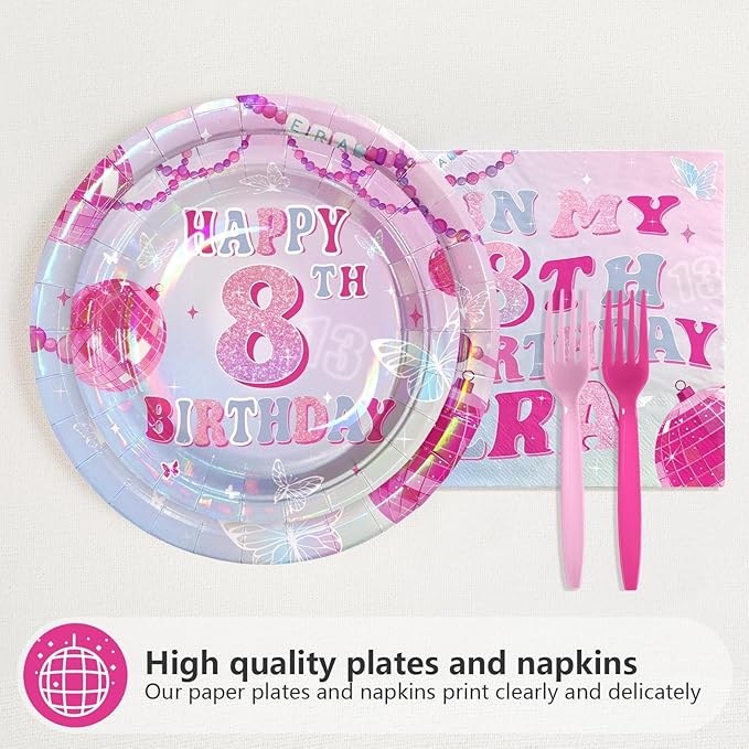 96Pcs In My 8th Birthday Party Decorations Pink Blue Plates and Napkins Popular Singer Theme Tableware Set for 8 Years Old Girls Birthday Pink Music Star Themed Party Supplies Serves 24