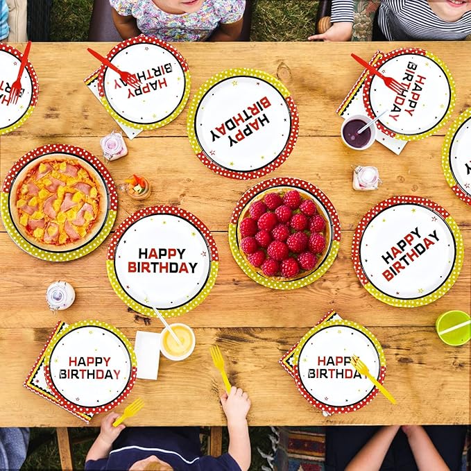 96Pcs Cartoon Mouse Birthday Decorations Mouse Theme Plates and Napkins Red Yellow White Polka Dot Decorations Favors for Kids Birthday Baby Shower Cartoon Theme Party Supplies Serves 24