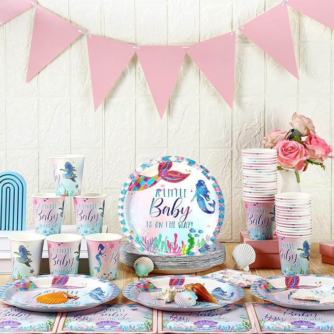 200 Pcs Mermaid Baby Shower Paper Plates Napkins Cups Under the Sea Baby Shower Party Supplies Tableware Set Purple Green Disposable Cup Napkin for 50 Guest Girls Spring Party Decoration