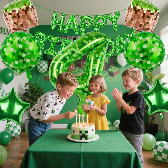 Green Pixel Themed Happy Birthday Banner Party Decorations Set Including 40 Inch Number 4 Foil Balloons, Themed Party Essentials, TNT Pixel Backdrop Supplies for Boys Indoor Outdoor Celebration