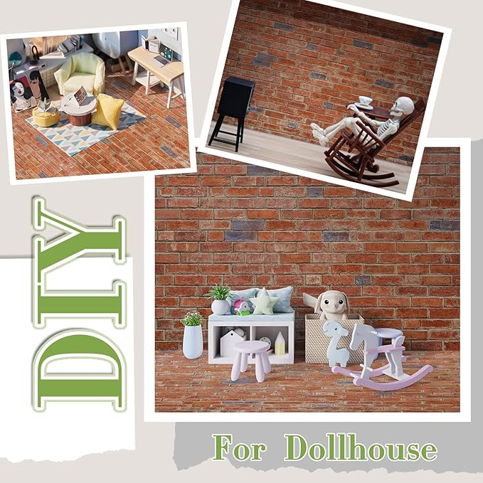 Flutesan 12 Pcs Miniature Dollhouse Wallpaper and Flooring Peel and Stick Mini DIY Self Adhesive Dollhouse Accessories 8.27 x 11.69 Inch (Red Clinker)