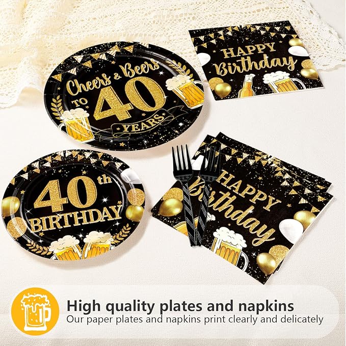 96Pcs 40th Birthday Party Supplies Black Gold Plates and Napkins Tableware Sets Cheers and Beers to 40 Years Decorations Favors for Men Women 40 Years Old Birthday Dinner Holiday Party Serves 24
