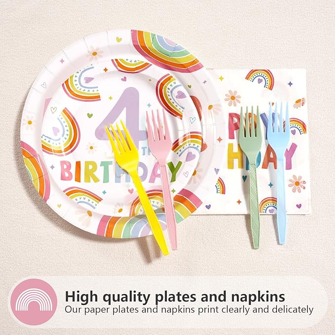 96Pcs Boho Rainbow 4th Birthday Decorations Pastel Rainbow Birthday Plates and Napkins Colorful Un Four Gettable Decoration Favors for Kids Girls 4 Years Old Bday Princess Party Supplies Serves 24