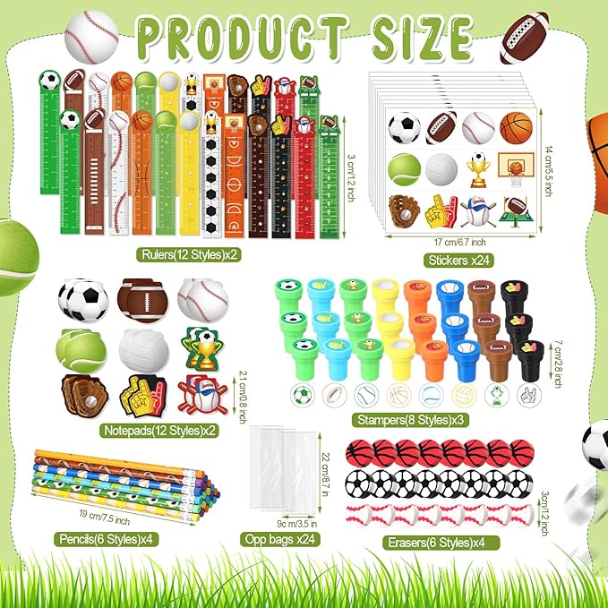168 Pcs Sports Party Favors Sports Theme Party Supplies Football Basketball Baseball Soccer Stationery Set Notebook Sticker Stamper Eraser Ruler Pencil for Baby Shower Birthday Gift Prize