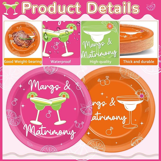 60Pcs Margs & Matrimony Bachelorette Party Supplies 7” Margarita Spring Plates Tableware Party Decorations for Birthday Bridal Shower Wedding Mexican Fiesta Dinnerware Party Favors for 60 Guest