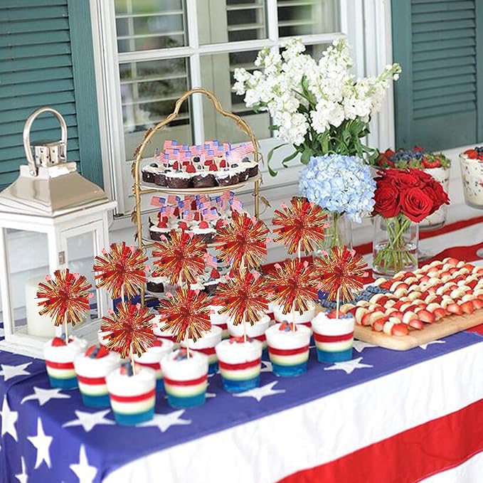 30 PCS Foil Firework Cupcake Toppers Sparkle Tinsel Cupcake Picks Happy Birthday Cake Decorations Drink Stirrers Cocktail Food Fruit Toothpicks for Baby Shower Graduation Party Supplies Red Gold