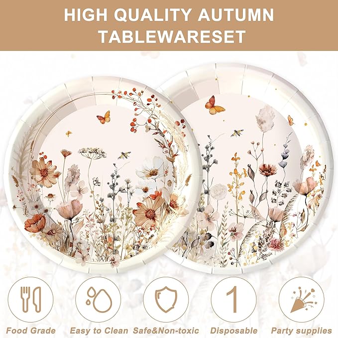 120 PCS Spring Wildflower Party Decorations Birthday Party Supplies Including Plates, Cups, Napkins, Tableware for Wildflower Decorations, 20 Servings