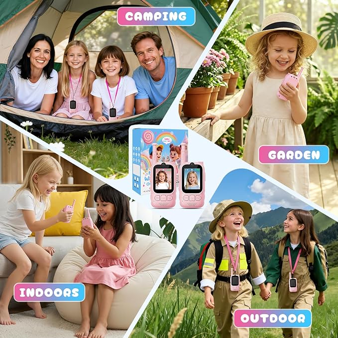 Kids Audio/Video Walkie Talkies, 2 Pack Rechargeable Walkie Talkies for Kids with 2’’ Screen & Camera & Voice Changer, Long Range Boys Girls Toys for Indoor Outdoor Camping Hiking Games (Pink/Pink)