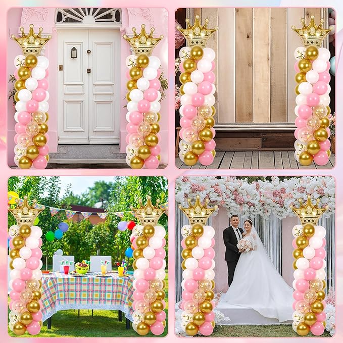 2 Sets Princess Party Balloon Column Stand Kit With 102 Crown Foil Balloons 5.57Ft Adjustable Balloon Tower Stand With Base Pink and Gold Arch Column for Girls Birthday Baby Shower Party Supplies