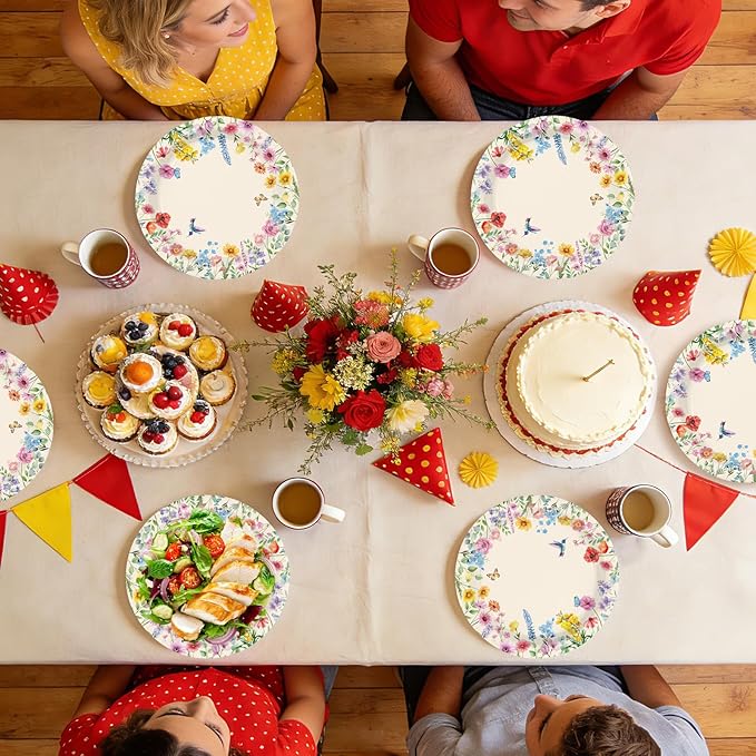 50 Pcs Wildflower Paper Plates 10" Large Vintage Wild Flower Dessert Plates Disposable Watercolor Floral Butterfly Bird Party Supplies for Spring Wedding Birthday Bridal Baby Shower Party Decorations