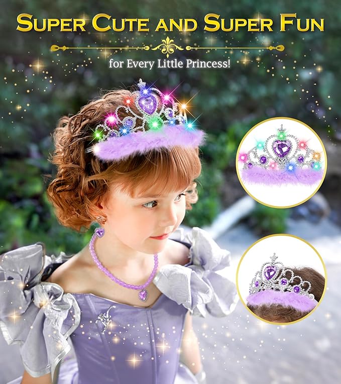 Princess Crown Tiara for Little Girls Princess Dress Up Accessories, Light Up Tiara Wand Toy Gifts for 3-6 Girl