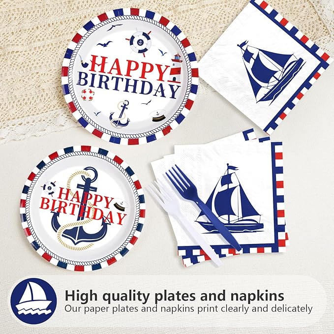 96 Pcs Nautical Party Supplies Sailing Party Decoration Plates and Napkins Red White and Blue Tableware Set for Boy Birthday Baby Shower Nautical Theme Celebrations Serves 24