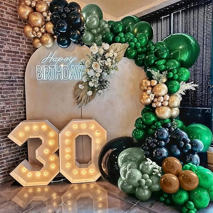 Green and Brown Balloon, 60Pcs 12Inch Dark Green Black Metallic Gold Latex Balloon, Metallic Avocado Tan Chrome Gold Balloons for Camo Camping Game Army Jungle Safari Theme Birthday Party Decor