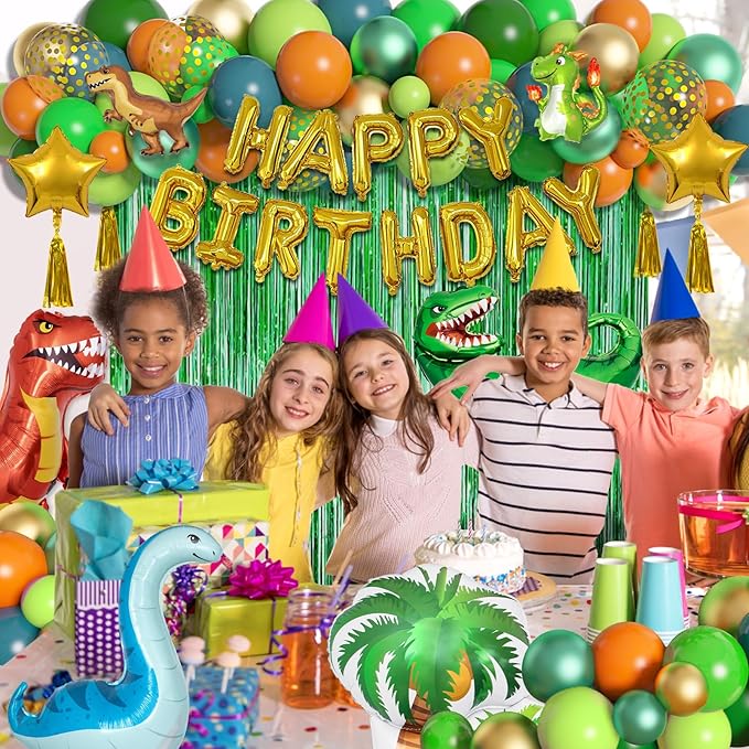 Dinosaur Birthday Party Decorations Supplies, 124Pcs Dinosaur Green Orange Blue Balloons Garland Arch Kit Happy Birthday Dino Foil Balloon Curtain for Kids Boys Dino Jungle Safari Baby Shower Party