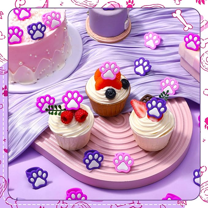 48 Pcs Paw Dog Cupcake Rings Toppers Decorations Orange Blue Red Yellow Paw Dog Theme Birthday Cupcake Rings Decorations for Puppy Baby Shower Party Supplies(Pink, Purple)