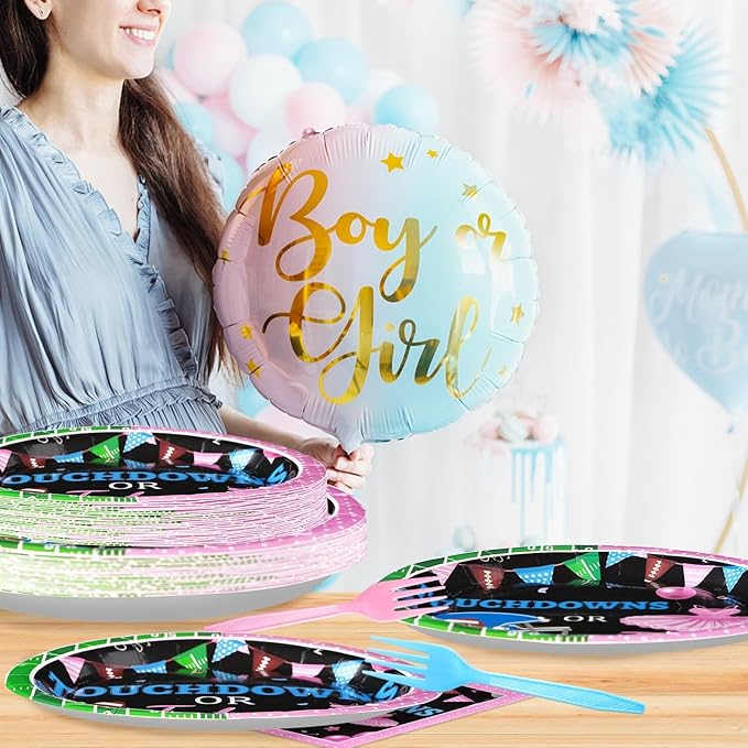 96 Pcs Football Gender Reveal Party Supplies Touchdown or Tutus Gender Reveal Plates and Napkins Tableware Set Ballet or Football Gender Reveal Party Decorations for Boy or Girl Baby Shower Serves 24