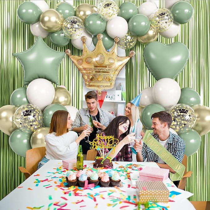 Sage Green Birthday Decorations with Olive Green Fringe Curtain Sash Foil Balloon Eucalyptus White Gold Latex Balloons Happy Birthday Banner for Girls Women Party Decoration
