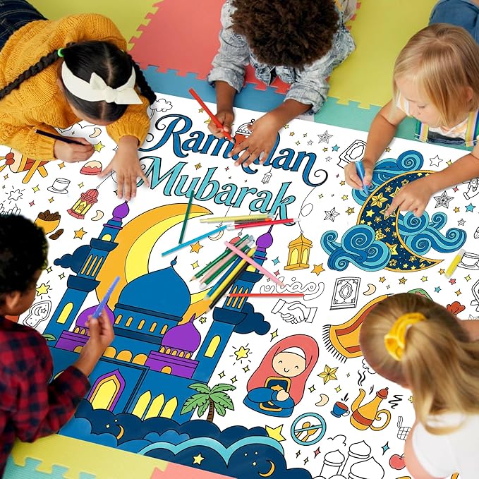 Gatherfun Ramadan Activity Poster & Home Decor - 31.5 x 72 Coloring Banner/Table Cover for Eid Mubarak Decoration, for School Parties & Ramadan Decoration