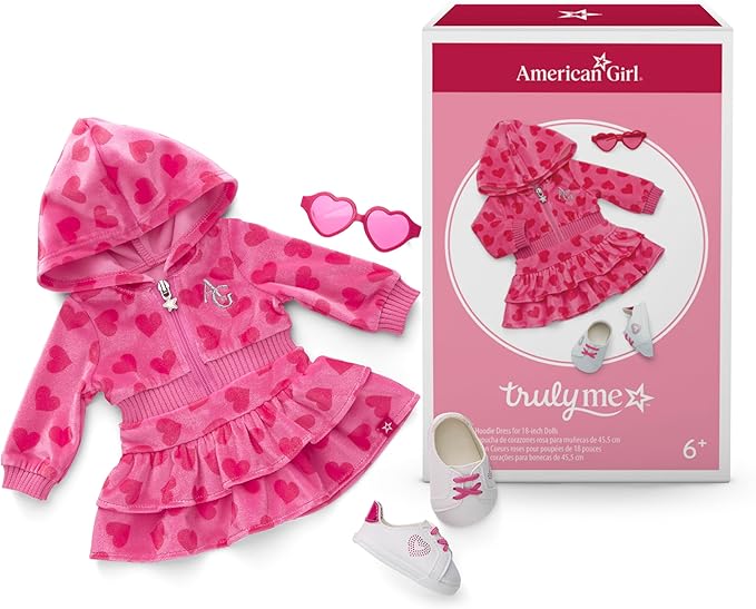 American Girl, Truly Me, Pink Hearts Hoodie Dress with Sunglasses, Doll Clothes, for 18-inch Dolls, 3pcs, Ages 6+