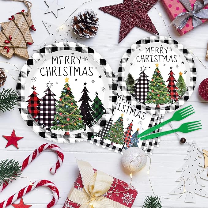 96 Pieces Christmas Tree Tableware Party Supplies – Black and White Buffalo Plaid Disposable Dinnerware with Paper Plates, Napkins, and Plastic Forks for Rustic Winter Celebration – Serves 24