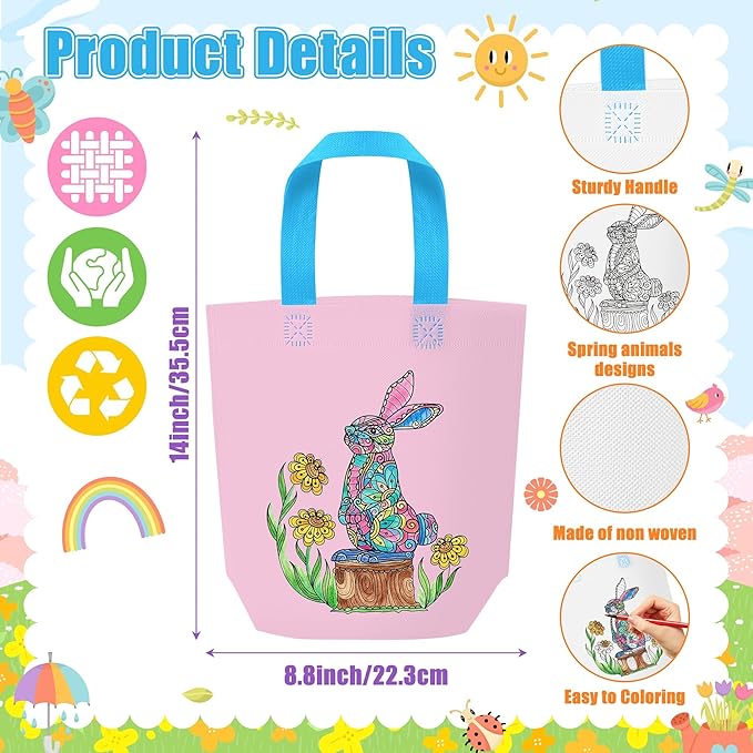 Spring Coloring Goodie Bags for Kids - 24Pcs Mandala Theme Bulk Color Your Own Gift Bags with Handle Butterfly Bunny Reusable Non Woven Coloring Tote Packet for DIY Painting Spring Easter Holiday Gift