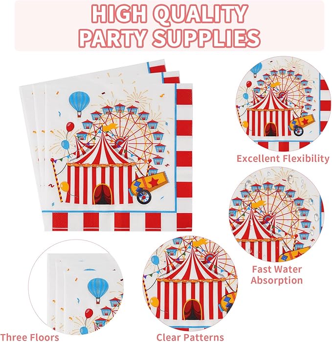Grencian 96Pcs Carnival Party Decorations Carnival Circus Plates and Napkins Disposable Circus Theme Birthday Paper Tableware Set for Birthday Baby Shower Party Supplies, Serves 24