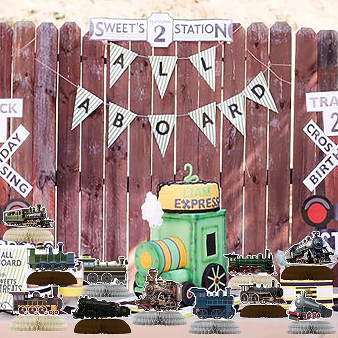 12 PCS Train Honeycomb Centerpieces for Table Decor, Retro Train Table Decorations Table Toppers for Train Party Decorations Train Birthday Party Supplies