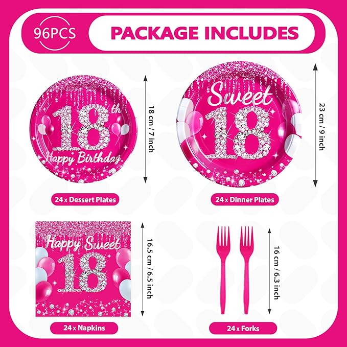 Grencian 96 Pcs 18th Birthday Party Supplies Hot Pink Sweet 18 Years Old Plates and Napkins Disposable Tableware Set Eighteen Birthday Decorations for Girls Happy 18th Birthday Party Favors Serves 24