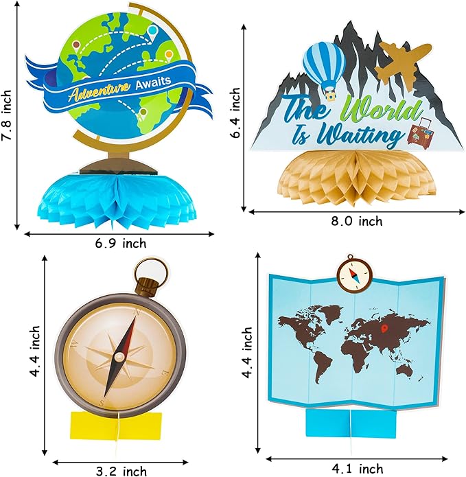 OSNIE 12Pcs Travel Themed Honeycomb Centerpieces Table Toppers Adventure Awaits Party Decor Travel Around The World Bon Voyage Table Decor Photo Props for Let The Adventure Begin Going Away Party