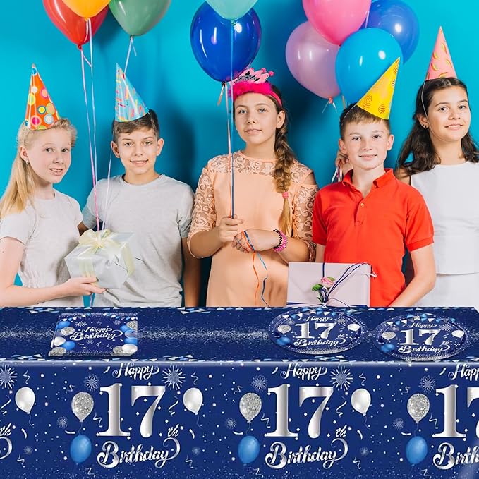 41 PCS 17th Birthday Decorations for Boys Girls Disposable Blue Sliver 17 Year Old Tableware Happy 17th Birthday Dessert Plates Napkins Tablecloth Set for 17 Year Old Teenage Boy Party Supplies