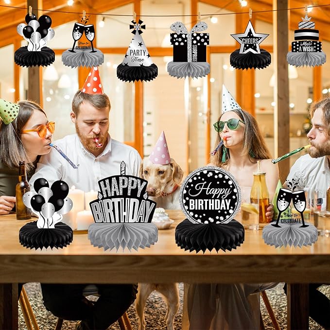 Pajean 8 Pieces Sliver and Black Birthday Party Honeycomb Centerpieces Sliver Black Table Centerpieces Decorations Table Centerpiece Sign for Kids Adults Party Supplies