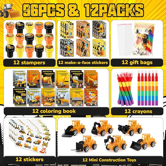 BenLouis 84Pcs Construction Party Favors Excavator Theme Coloring Books Crayons Sticker Set Bulk for Kids Construction Birthday Goodie Bag Stuffer Classroom Gifts Rewards Craft Pinata Fillers