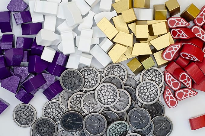 Stonemaier Games: Wyrmspan Resource and Coin Upgrade Pack | Metal Coins and Wooden Resources | 45 Double-Sided Metal Dragon Coins and 104 Wooden Resources (Meat, Gold, Gem, and Milk) - Add to Wyrmspan