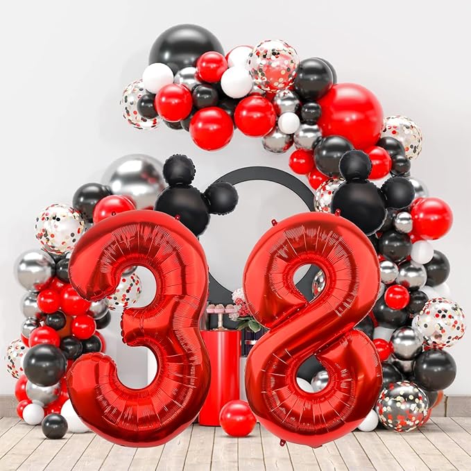 Mouse Number 8 Balloon 40 Inch Red Number 8 Balloon Mini Mouse Head Balloon for 8th Birthday Party, Black Red Large Number 8 Foil Balloon for Baby Shower Anniversary Supplies Decorations