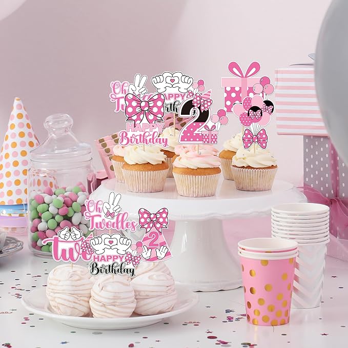 Oh Twodles Cupcake Toppers - 24 Pcs Pink and White Cartoon Mouse Bow Dots Cake Cupcakes Dessert Topper Decor Set 2nd Birthday Party Decorations Supplies Favors for Two Years Old Kids Girls
